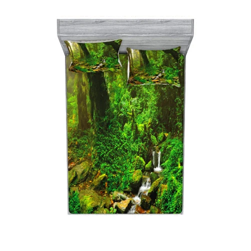 Ambesonne Landscape Fitted Sheet & Pillow Sham Set, Rainforest Trees and Fresh Grass in Nepal Jungle Wildlife Nature Tropical Photo, Decorative Printed 6 Piece Bedding Decor Set, Queen, Brown Taupe