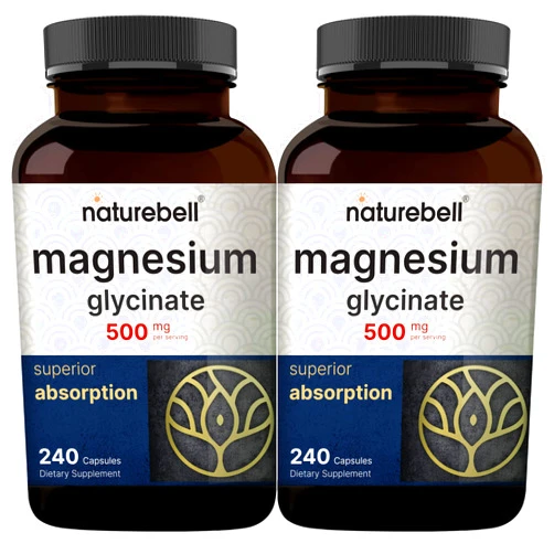 NatureBell 2 Pack Magnesium Glycinate 500mg, 480 Capsules – 100% Chelated for Max Absorption – Bioavailable Mineral Supplement for Muscle, Joint, Enzyme, & Heart Health