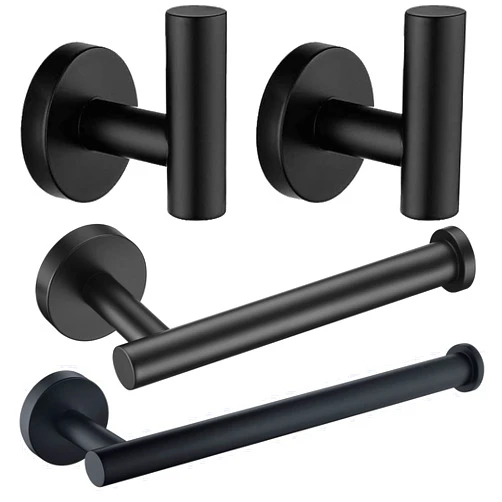 Nolimas Matte Black Bathroom Hardware Set 4 Pieces SUS304 Stainless Steel Round Wall Mounted Set Including Towel Bar,Toilet Paper Holder, Robe Towel Hooks,Bathroom Accessories Kit