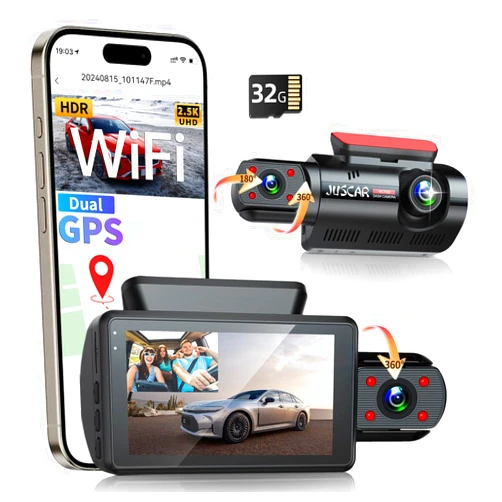 Juscar WiFi 2.5K Dash Cam Front and Inside, GPS Uber Car Camera with Infrared Night Vision, Free 32G Card, 1440P+1080P Dash Camera for Cars with 3