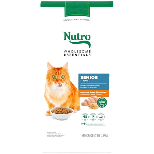 NUTRO WHOLESOME ESSENTIALS Natural Dry Cat Food, Senior Cat Chicken & Brown Rice Recipe , Kibble, 5 lb. Bag