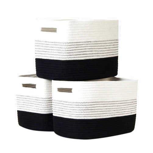 Temary Cotton Rope Baskets Set of 3 Stylish Storage Bins, Storage Baskets with Convenient Handles for Organizing Books, Clothes (Black, 15