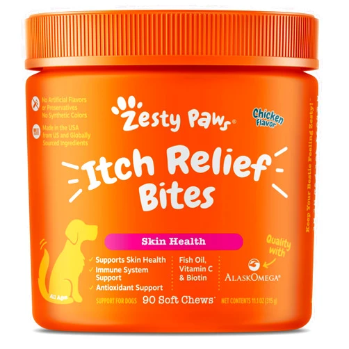 Zesty Paws Itch Relief for Dogs - for Itching Skin & Coat Health - Omega-3 Fish Oil with EPA & DHA - Dog Bites Supplement with Vitamin C & E for Antioxidant Support - Chicken Flavor - 90 Count