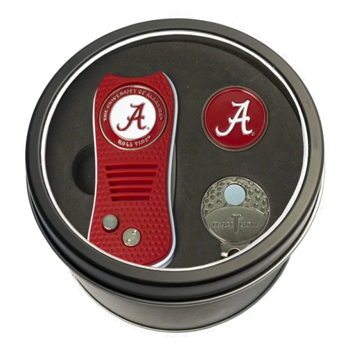 Team Golf NCAA Alabama Crimson Tide Tin Gift Set with Retractable Divot Tool, Cap Clip, and Ball Marker Gift Set Retractable Divot Tool, Cap Clip, & 2 Double-Sided Enamel Ball Markers, Patented Design, Less Damage to Greens, Retractable Mechanism
