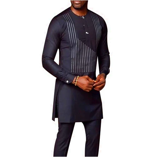 Generic African Men Set 2 Piece Suit Dashiki Long Sleeve Shirt and Pant with Pockets Traditional Clothing for Party (Color : Black, Size : XX-Large)