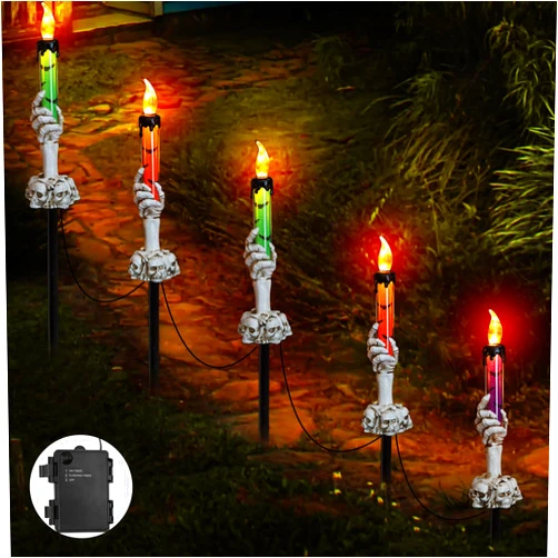 YBB 5 Pack Skeleton Ghost Hands Pathway Lights for Halloween, LED Skull Candle Stake Outdoor Garden Lawn Yard Landscape Lights Battery Operated for Halloween Patry Decoration