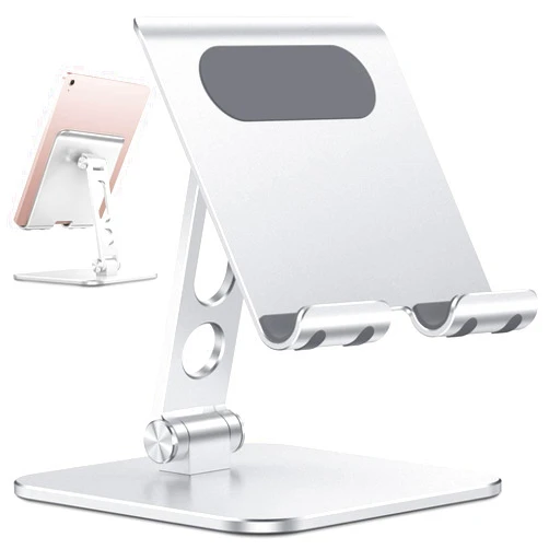 OMOTON Upgraded Adjustable Tablet Stand Holder, Heavy Duty Foldable Portable Monitor Stand, Travel Essentials for iPad Pro/Air/Mini, Surface Pro, Portable Monitor 4.7''-15.6', Silver