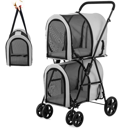 Giantex Double Pet Stroller with 2 Detachable Carrier Bags, Safety Belt, 4 Lockable Wheels Cat Stroller Travel Carrier Strolling Cart, Folding Dog Stroller for Small Medium Dogs Cats Puppy (Gray)