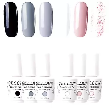 Gellen Gel Nail Polish 6 Colors Set - Decent Luxury Set Series, Elegant Nail Art Colors Black White Pastel Grays Nude Glitter Pink Manicure Kit