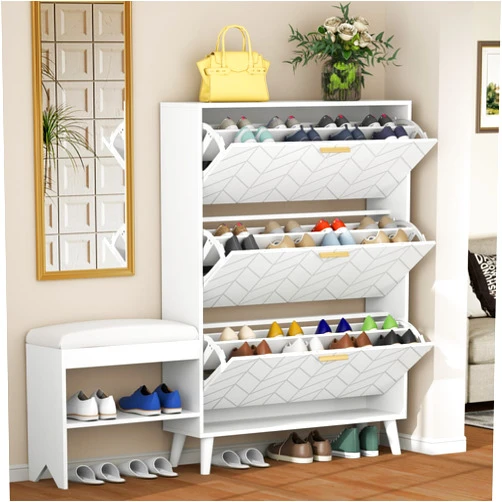 Loomie Shoe Cabinet w/3 Flip Drawers, Shoe Storage Cabinet w/Bench for Entryway, Freestanding Narrow Hidden Shoe Rack Organizer with Open Shelf & Solid Wood Legs for Hallway,Living Room,Closet,White