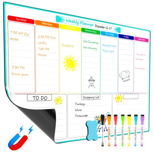 MaxGear Weekly Dry Erase Board for Fridge, Magnetic Calendar Whiteboard Planner for Refrigerator with Stain Resistant Technology, Include 7 Fine Point Markers and 1 Eraser, 16