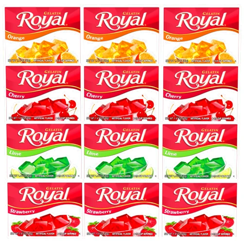 Royal Gelatin Variety Pack of 12 | 3 Box Each - Strawberry, Orange, Lime, and Cherry - Keto Snacks