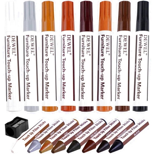 DEWEL Furniture Markers Touch Up, Upgrade Wooden Furniture Repair Kit, Premium Wood Scratch Repair Markers and Wax Sticks for Wood Stains Scratches Hardwood Floors Tables, Set of 17