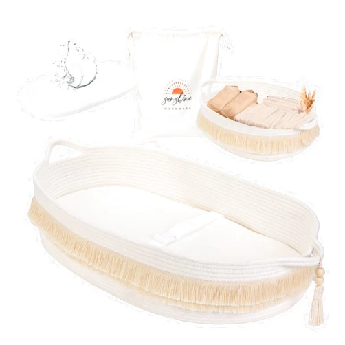 Meloom Baby Changing Basket with Pads and Safety Belt- 100% Cotton Boho Baby Moses Basket Changing Table and Thick Pad with Waterproof Mattress Cover, Nursery Decor in Brown and White Color with Storage Bag