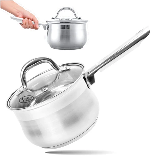Alpine Cuisine Sauce Pan Stainless steel 3Qt Belly Shape with Glass Lid & Ergonomic Handle, induction Bottom Sauce Pan, Sauce Pot with Glass Lid for Cooking, Easy Clean & Rust Free, Dishwasher Safe