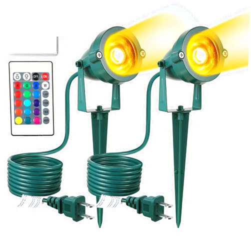 Enhon 2 Pack Christmas RGBW Spotlight Outdoor, Waterproof Landscape Lighting 120V LED Spot Lights with Remote Control Color Changing, Outdoor Stake Lights for Holiday Garden Yard (Patent Pending)