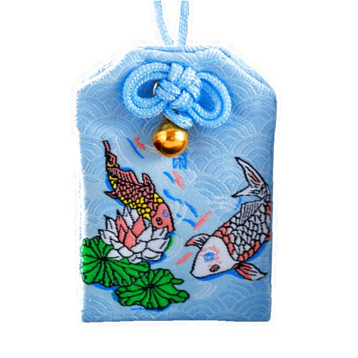 JinShaiShai 1 Piece Japanese Omamori Lucky Amulet - Many Styles of Charms for Fortune/Wealth/Health/Education/Love/Success/Safety/etc (Carp Lotus-Light Blue)
