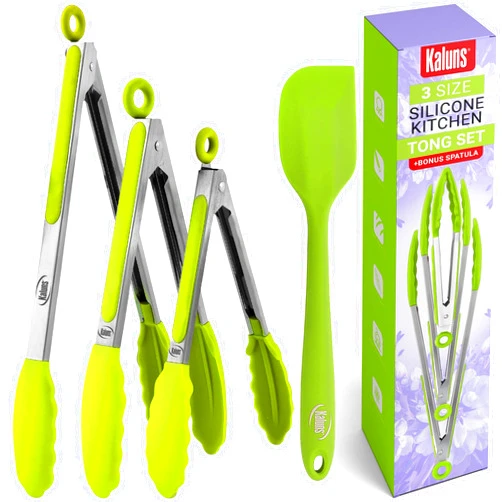 Kaluns Kitchen Tongs for Cooking, Non Stick Silicone Tip Stainless Steel Tongs, Set of Four 7,9, and 12 Inch Tong Plus Silicone Spatula Non-stick, Heat Resistant Serving Utensils