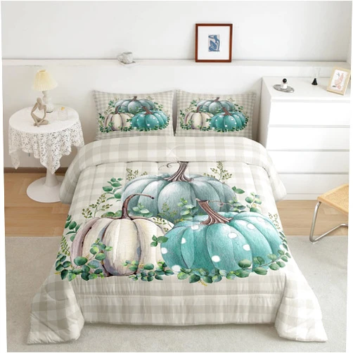 Erosebridal Fall Comforter Set Queen Size Buffalo Plaid Bedding Set for Kids Adult Ucalyptus Leaves Polka Dots White Pumpkins Fall Down Comforter Farmhouse Thanksgiving Autumn Room Decor Quilt Set