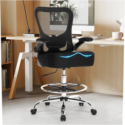Sofetura 500LBS Ergonomic Drafting Chair Tall Office Chair for Counter Height or Standing Desk, Executive High Office Chairs with W-Shaped Thick Seat Cushion, Footrest Ring & Breathable Fabric, Black