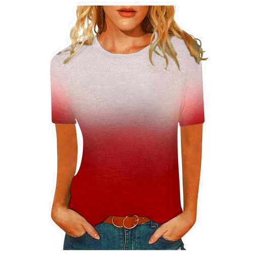 GIANTHONG Women's Short Sleeve Round Neck T Shirt Colorblock Tunic Tops Trendy Print Regular FIt Casual Loose Fitted Tee 2-red Medium