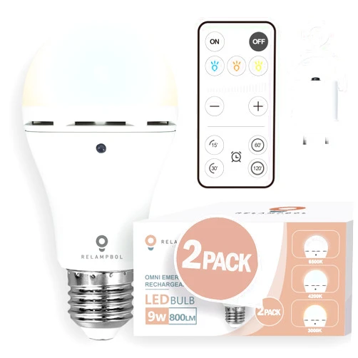 RELAMPBOL 2 Pack Omni Rechargeable Emergency Light Bulbs with Remote, Battery Powered Wireless 3 Color Shift Dimmable A19 Light Bulb 9W Power Outage Blackout LED Bulbs