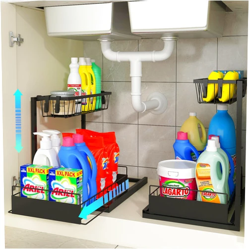 NADAMOO Under Sink Organizers, Kitchen Organizers and Storage 2 Pack Adjustable Height Storage with Removable Basket 2 Tier Bathroom Cabinet Organizer Pull Out Laundry Room Organization for Pantry