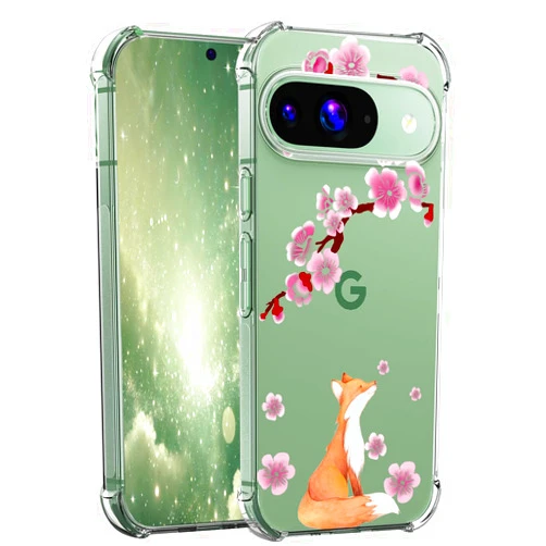 Ftonglogy for Google Pixel 9/9 Pro Case: Clear Cute Flowers Floral Design for Girls Women Slim Soft TPU Bumper Shockproof Silicone Cherry Blossoms Cell Phone Cover for Pixel 9/9Pro 5G 2024 (Lucky Fox)