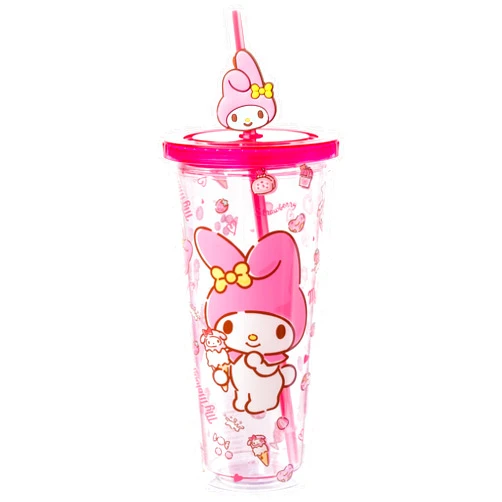 Silver Buffalo Sanrio My Melody Pink Strawberry Pattern Plastic Cold Cup with Lid and Topper Straw 24 Ounces