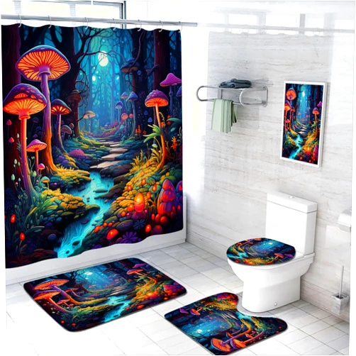 Yozeuoo 4 Pcs Fairy World Mushroom Bathroom Shower Curtain Set with Rug, Toilet Lid Cover and Bath Mat, Colorful Mushrooms Kawaii Botanical Wild Bathroom Shower Curtain with 12 Hooks Accessories Decorative