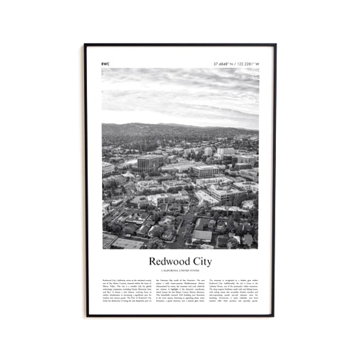 Custom Redwood City Black and White Cityscape Print Poster Monochrome Travel Wall Art for Home or Office Decor United States USA