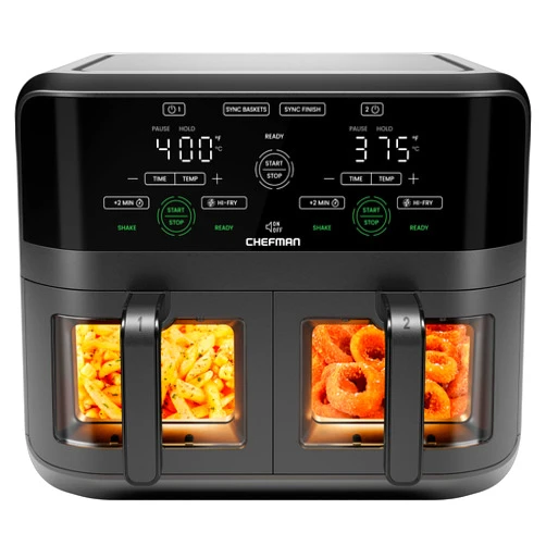 CHEFMAN 6 Quart Dual Basket Air Fryer Oven with Easy View Windows, Sync Finish, Hi-Fry, Auto Shutoff, 2 Independent 3Qt Nonstick Dishwasher Safe Frying Baskets, Digital Double Air Fryer - Black