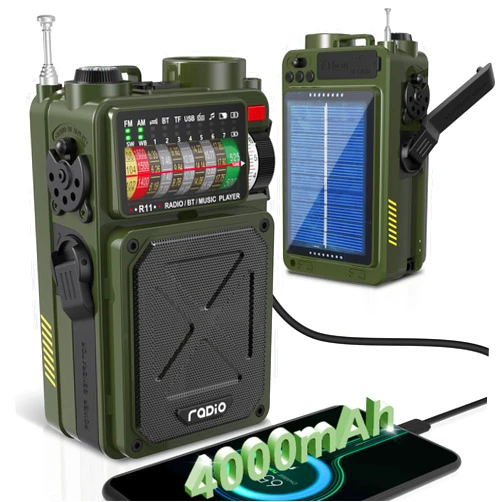 Emgykit Emergency Crank Radio- Emgykit 4000mAh/14800mWh AM/FM/WB/SW/NOAA Weather Radio with Bluetooth,Flashlight,SOS Alarm, Powered by USB Charged,Hand Crank & Solar Power for Camping, Emergency
