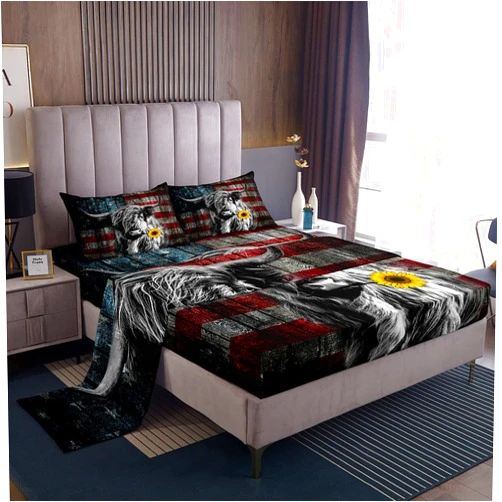 Feelyou Highland Cattle Bedding Sheets Highland Cow with America Flag Bed Sheets for Kids Boys Girls Sunflower Bedding Fitted Sheet Animal Sheet Set 1 Bed Sheets with 2 Pillowcases Full Size