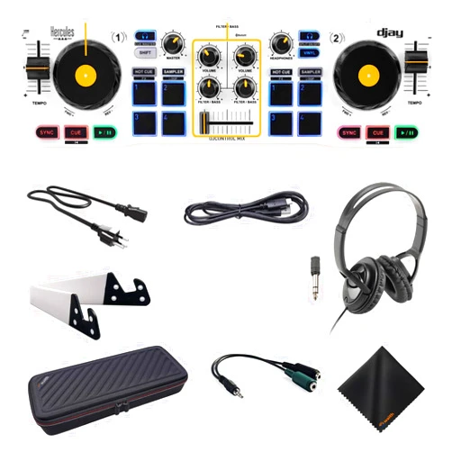 Hercules DJ Control Mix - Blue Wireless Bluetooth DJ Controller with Over Ear Headphones (Black), Waith Control Mix Case and Waith Cleaning Cloth - Algoriddim djay Software Included (Bundle Set)