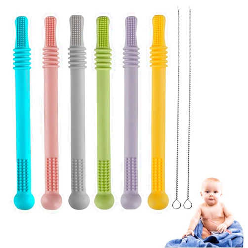 Yinghezu Hollow Teether Tubes, 6 Pack Chew Straw Toy for Infant Toddlers Silicone Teething Toys for Babies, 0-6 Months 6-12 Months BPA Free/Freezable/Dishwasher and Refrigerator Safe