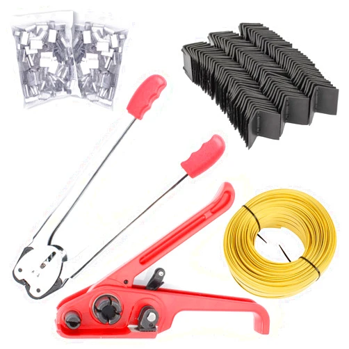 VETAKING Pallet PP Plastic Strapping Kit, Packaging Banding Tensioning Tool, Heavy Duty Poly Tensioner & Cutter Manual Tools, Free 100pcs Corner Protector, 100 Seals