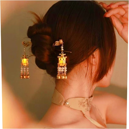 Comimark 2 PCS Ancient Style Hairpin Hair Clips Chinese Lantern Hair Sticks Forks Vintage Lotus Flower Tassel Headpieces For Women Girls,Ponytail Hair Stick, Hair Updo Bun For Thin Thick Hair