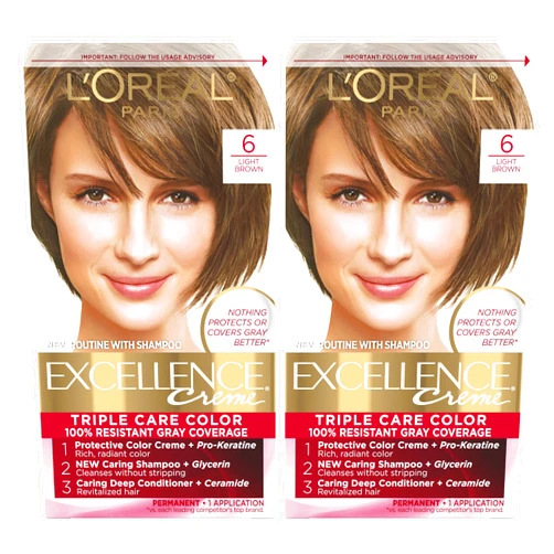 Loreal Paris L'Oreal Paris Excellence Creme Permanent Hair Color, 6 Light Brown, 100 percent Gray Coverage Hair Dye, Pack of 2