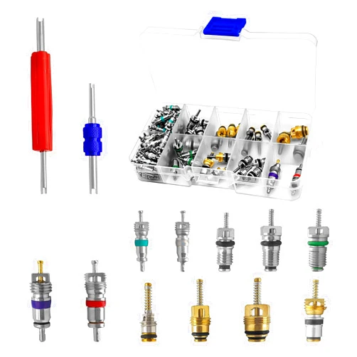 NOTISH 102PCS A/C R12 R134a Car Air Conditioner Valve Core Seal Kit, Refrigeration Tire Valve Stem Cores Repair Kit Double Head Dual Dismantling Installer Tool