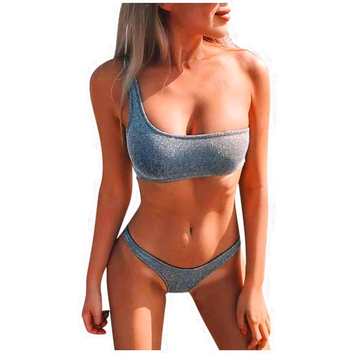 HELLORSO Women's Split Swimsuit Fashion One Shoulder Sexy Swimwear Solid Color Two Piece Beach Bikini Set for
