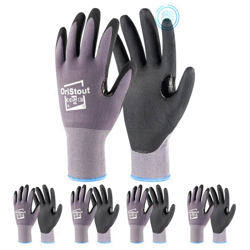 OriStout Work Gloves for Men Women, MicroFoam Nitrile Coated Gloves with Grip, Mechanic Gloves for Construction