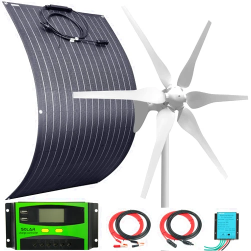 AUECOOR 500W Wind Solar Kit 12V Off Grid System: 400W Wind Turbine Generator + 1pc 100W ETFE flexible Solar Panel + Wind Controller + Solar Charge Regulator + Cables