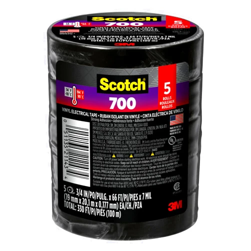 Scotch Vinyl 700 Electrical Tape, 5 Rolls, Black, 3/4-in x 66-ft, Commercial Grade, Rated for Temperatures Up to 194-Degree, Highly Flexible, Stretchy and Conformable (24413-BA-6)