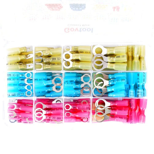 Govtool 120 PCS Heat Shrink Wire Connectors, Waterproof Marine Automotive Electrical Connectors Kit of Tinned Red Copper 22– 10 AWG Crimp Ring Fork Spade Butt Splices, Wire Terminal Kit