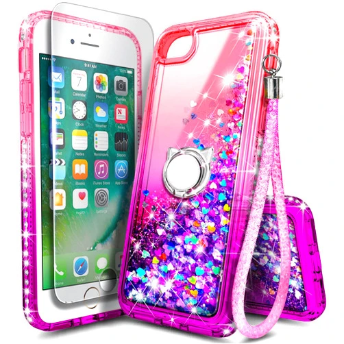 NGB Supremacy NGB Compatible for iPhone 6 6S 7 8 Case, iPhone SE 3 2022/iPhone SE 2 2020 Case with Tempered Glass Screen Protector, Ring Holder, Girls Women Kids Liquid Glitter TPU Cute Case (Pink/Purple)