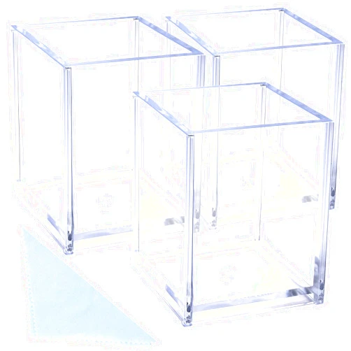 Ouskr Acrylic Pen Holder, 3 Pcs Clear Pencil Holders for Desk, Makeup Brush Holder Cup Organizer, Stationery Storage Desktop Accessories for Office School Supplies (with Cleaning Cloth)