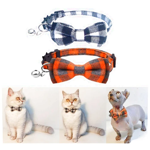 QUYU Cat Collar Breakaway with Cute Bow Tie and Bell for Kitty Adjustable Safety Pet Cat Collars (Orange+Black)