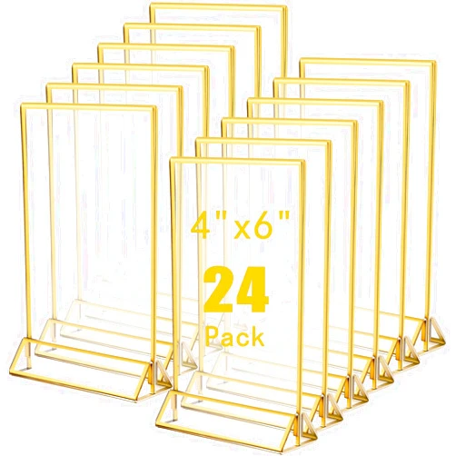 Jeffbaubl 24 Pack Acrylic Sign Holders,4x6in Double Sided Table Menu Display Stand,Clear Acrylic Sign Holder with Gold Borders and Vertical Stand,Gold Sign Holders for Wedding Table Number,Photo