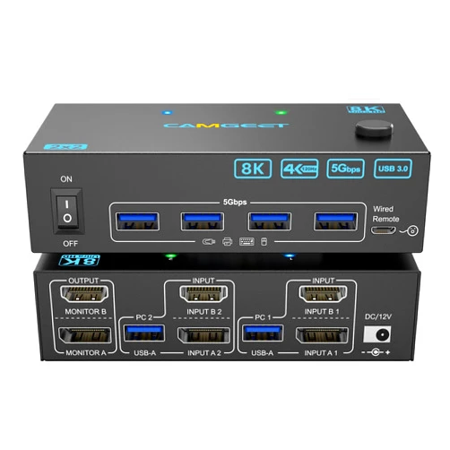 Camgeet 4K@144Hz KVM Switch 2 Monitors 2 Computers 8K@60Hz,Camgeet HDMI and Displayport Dual Monitor KVM Switch with 4 USB 3.0 Port for Keyboard Mouse Printer,Wired Remote,Power Adapter and USB Cable Included